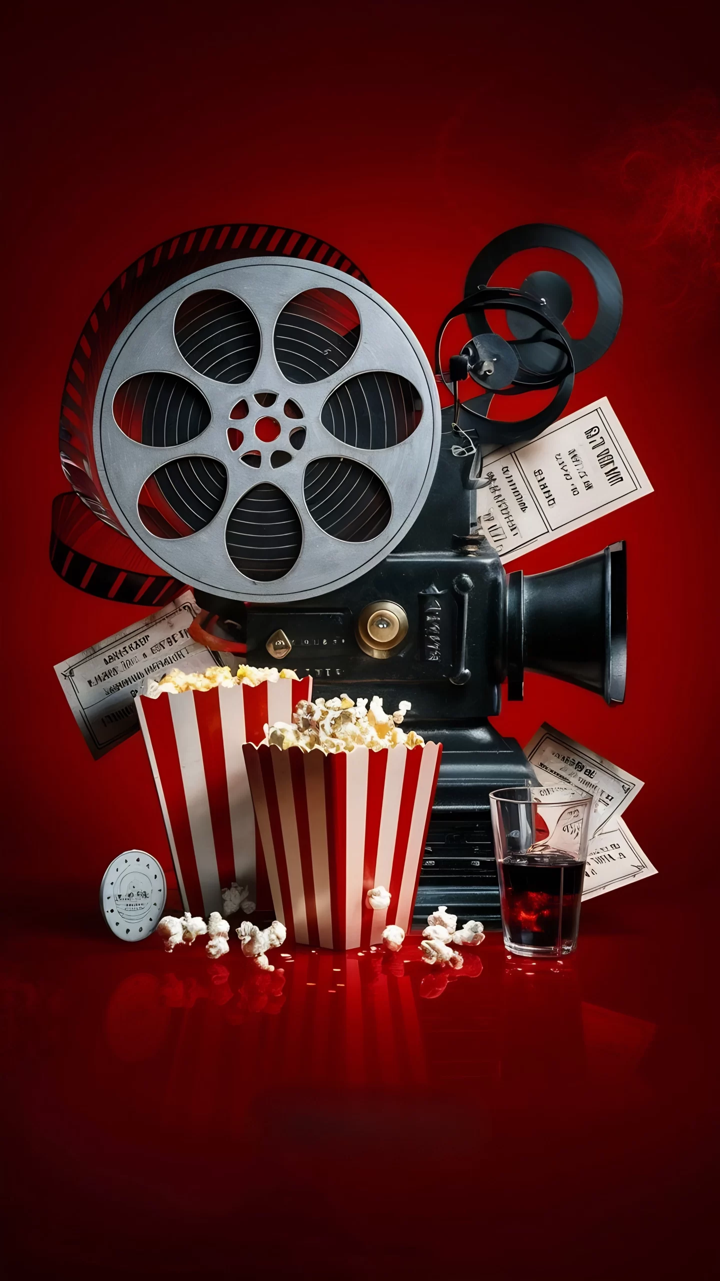 Vintage film reel projector with popcorn and movie tickets - MovieClaps film promotion